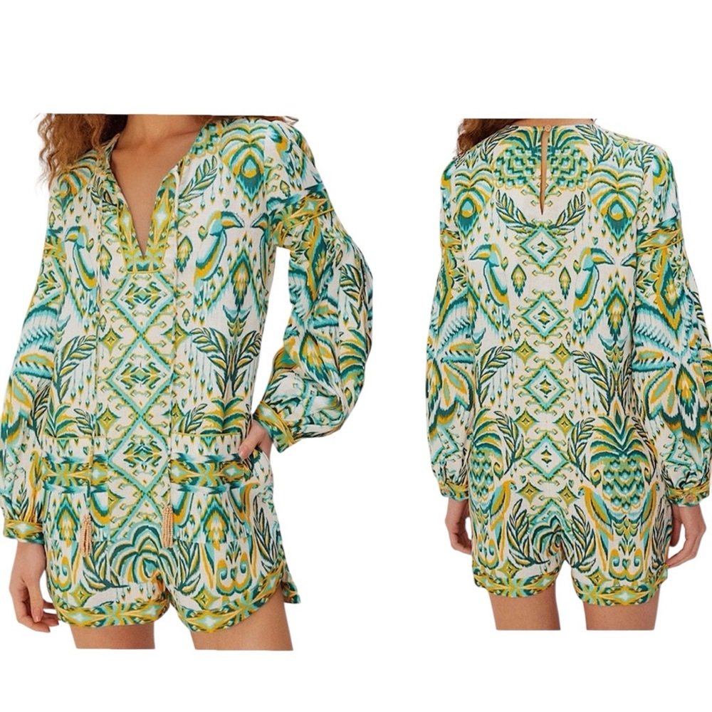 Farm Rio Tropical Tapestry Boho Linen Resort Romper size M NWT